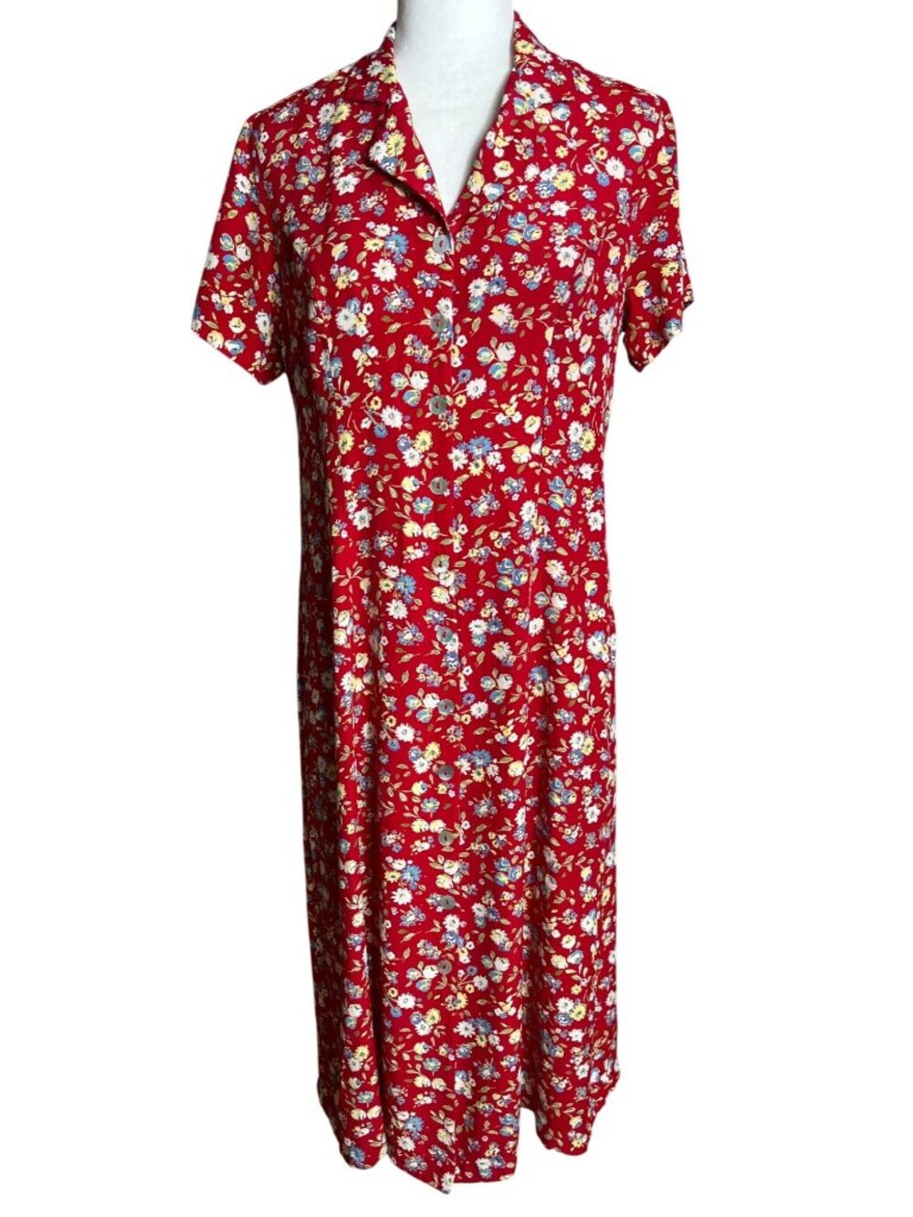 Vtg 90s Red Floral Dress A-line Midi Button Retro Ditsy Grunge Cottage Wom 10